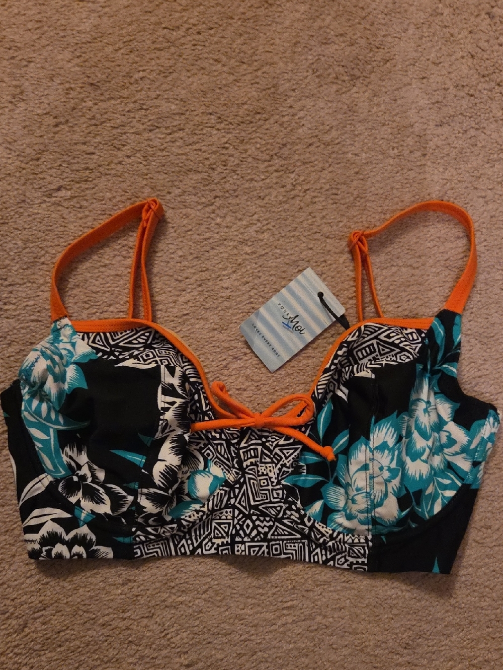 Pour Moi Tropical Floral Bikini Top with Orange Trim